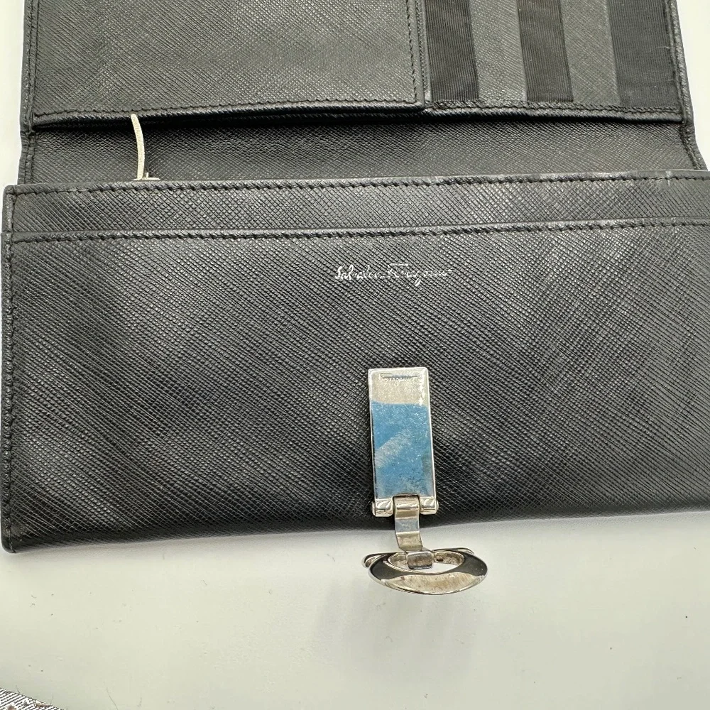 Black Women's Saffiano Leather Clutch Wallet with Silver Tone Hardware